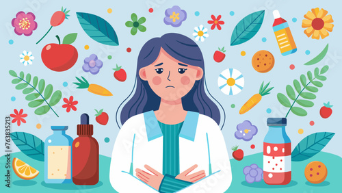 a vivid illustration of a woman with allergies to pollen, citrus fruits, berries. sad facial expression, redness, skin rash, poor health, nasal congestion, runny nose. Seasonal disease. allergy pills 