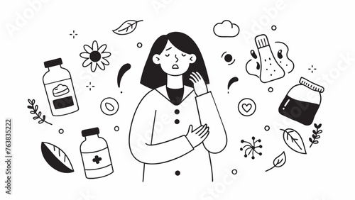 Monochrome illustration of a contemplative woman surrounded by lifestyle items. Perfect for wellness and daily routine themes.