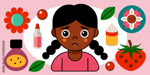 a girl with a surprised, frightened expression on his face. allergic reaction in the form of red spots on the face. seasonal allergy to pollen from flowering plants. concept is medicine, treatment
