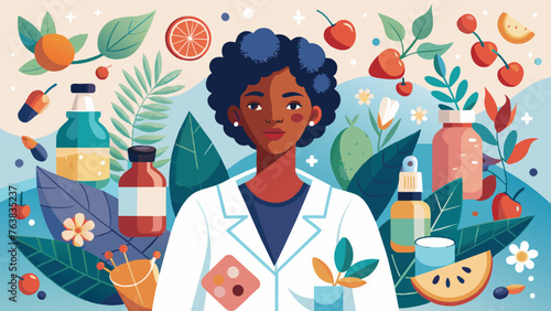 bright and colorful illustration of a young black doctor girl in a white coat surrounded by various bottles, fruits and plants. the concept of natural medicine, organic cosmetics, treatment for season