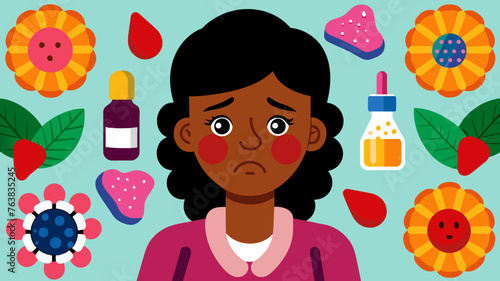 a girl with a surprised, frightened expression on his face. allergic reaction in the form of red spots on the face. seasonal allergy to pollen from flowering plants. concept is medicine, treatment