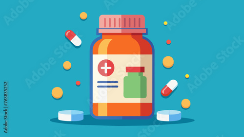 jar of medicines is surrounded by colorful pills on a blue background with space for text for your advertisement. concept - medicine, health, dietary supplements, allergy pills
