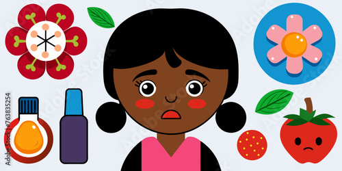 a girl with a surprised, frightened expression on his face. allergic reaction in the form of red spots on the face. seasonal allergy to pollen from flowering plants. concept is medicine, treatment