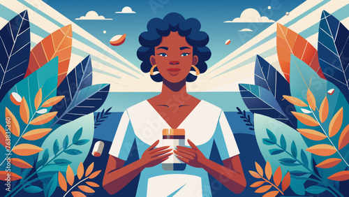 a black woman in a white coat, a researcher, against the background of plants and foliage shows the connection between natural remedies and medical science, harmonious interaction to maintain health. 