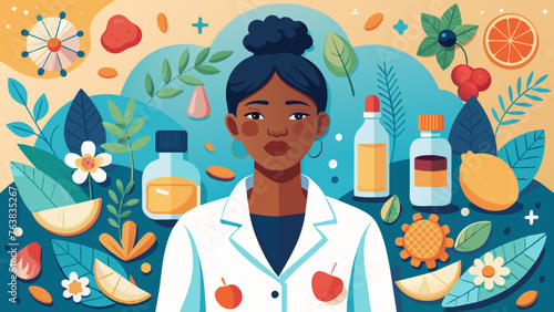 bright and colorful illustration of a young black doctor girl in a white coat surrounded by various bottles, fruits and plants. the concept of natural medicine, organic cosmetics, treatment for season