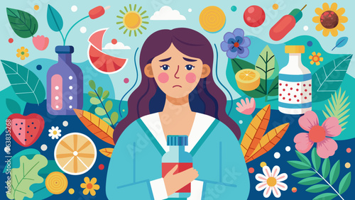 a girl with a surprised, frightened expression on his face. allergic reaction in the form of red spots on the face. seasonal allergy to pollen from flowering plants. concept is medicine, treatment