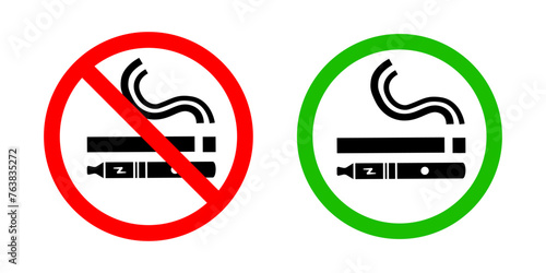 No smoking no vaping and smoking area sign set. Forbidden sign icon isolated on white background vector illustration. Cigarette, vape in prohibition circle and green allowed area.