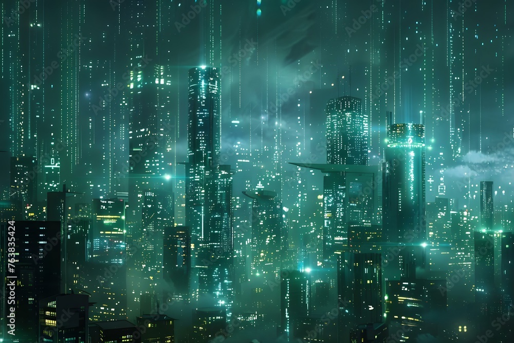 Hightech metropolis backdrop embodying cyber security virtual reality and quantum computing concepts. Concept Cyber Security, Virtual Reality, Quantum Computing, Hightech Metropolis