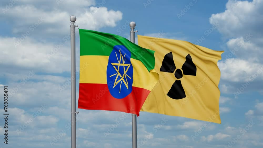 Ethiopia and Radiation danger flags waving together on looped video, radiation hazard and pollution, nuclear warning concept Ethiopia and Radiation danger flags waving together on looped video, radiation hazard and pollution, nuclear warning concept
