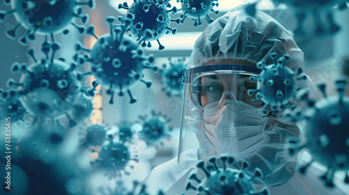 Scientist wearing protection mask and equipment surrounded by many Coronaviruses floating inside a hospital research lab