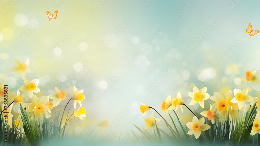 Magic spring banner with daffodils and butterflies on blue bokeh background with copy space. The concept of an atmosphere of freshness and spring charm.