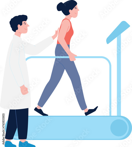 Heart health exam on treadmill. Doctor check patient