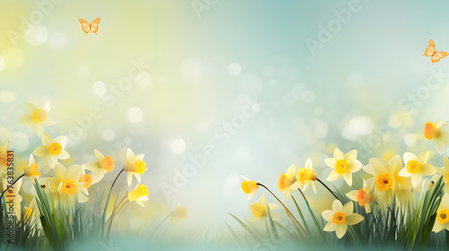 Magic spring banner with daffodils and butterflies on blue bokeh background with copy space. The concept of an atmosphere of freshness and spring charm.