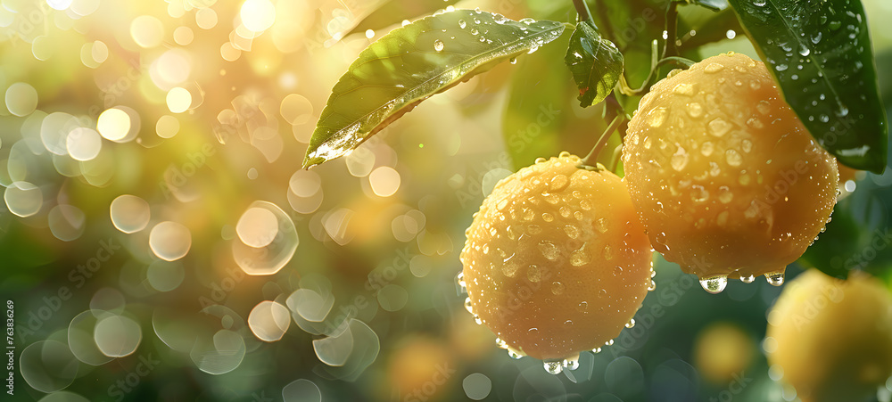 Juicy citrus fruit with water droplets, bathed in the warm sunlight with a natural bokeh background. Juicy citrus fruit with water droplets, bathed in the warm sunlight with a natural bokeh background.