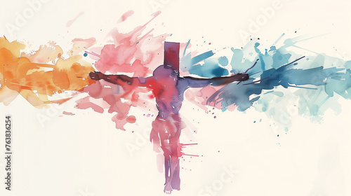 A watercolor painting of Jesus on the cross with a burst of expressive, splattered colors.
