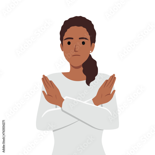 Angry woman standing with the crossed arms, no sign. Flat vector illustration isolated on white background