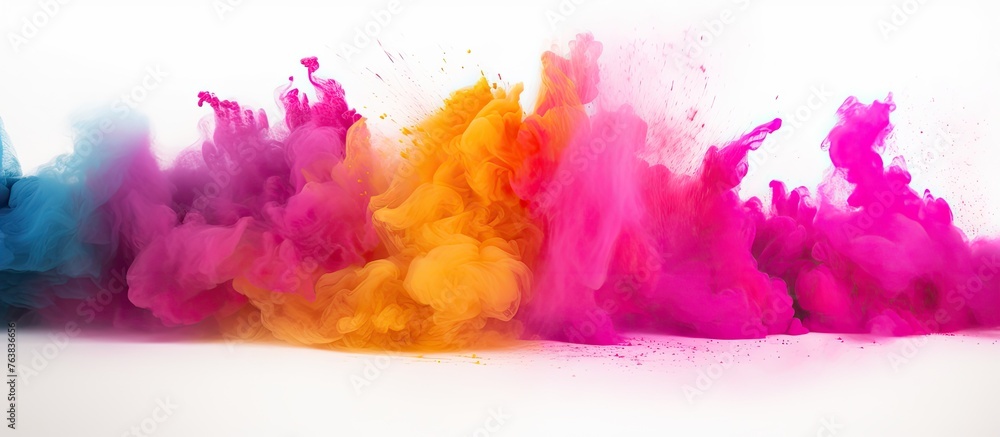 A vibrant mix of purple, violet, and magenta smoke rises from the water on a white background, resembling a beautiful painting using natural materials and electric blue accents
