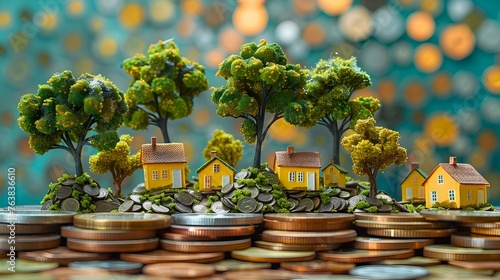 Miniature Houses and Verdant Trees Atop Coin Piles Showcase Investing in a Sustainable Future