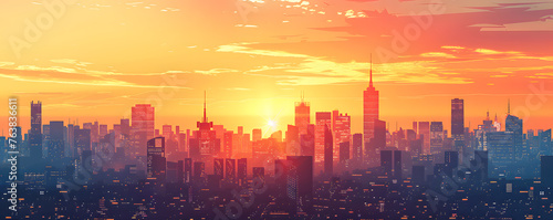 The setting sun casts a warm glow over the silhouetted buildings of a bustling city skyline.