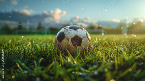 An old, dirty soccer ball rests on a fresh, dew-covered grass field, with the early morning sun casting a warm glow. © AI Art Factory