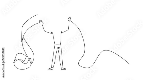 Animation of one line drawing of single one line drawing of businessman stood up and tore off billing paper dangling to the floor held above his head. Failing to pay bill. Full length motion photo