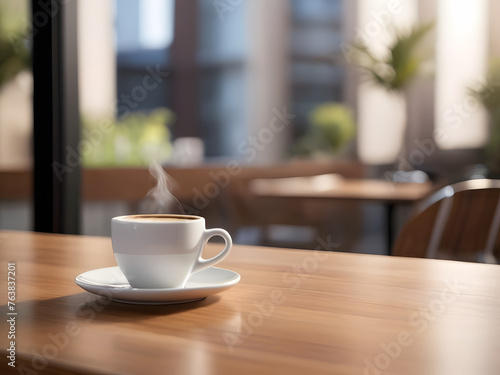 cup of coffee on a wooden table in a modern setting 