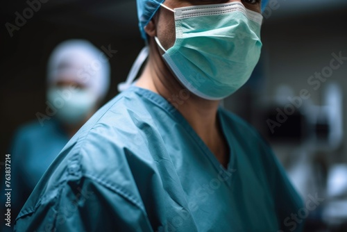 closeup shot of a surgeon wearing scrubs in a hospital photo