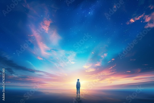Envision a serene scene where a lone figure stands beneath an expansive sky, gazing upward with a sense of wonder and contemplation. 