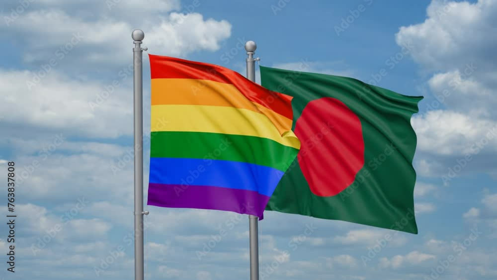 Bangladesh and LGBT movement flag also Gay Pride two flags waving together, looped video, two country relations concept Bangladesh and LGBT movement flag also Gay Pride two flags waving together, looped video, two country relations concept
