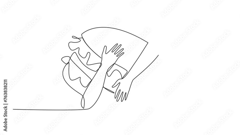 Self drawing animation of single one line drawing of hands hugging burger. Food in the form of a loaf of bread containing chopped beef. Usually served with soft drinks. Junk food. Full length animated Self drawing animation of single one line drawing of hands hugging burger. Food in the form of a loaf of bread containing chopped beef. Usually served with soft drinks. Junk food. Full length animated