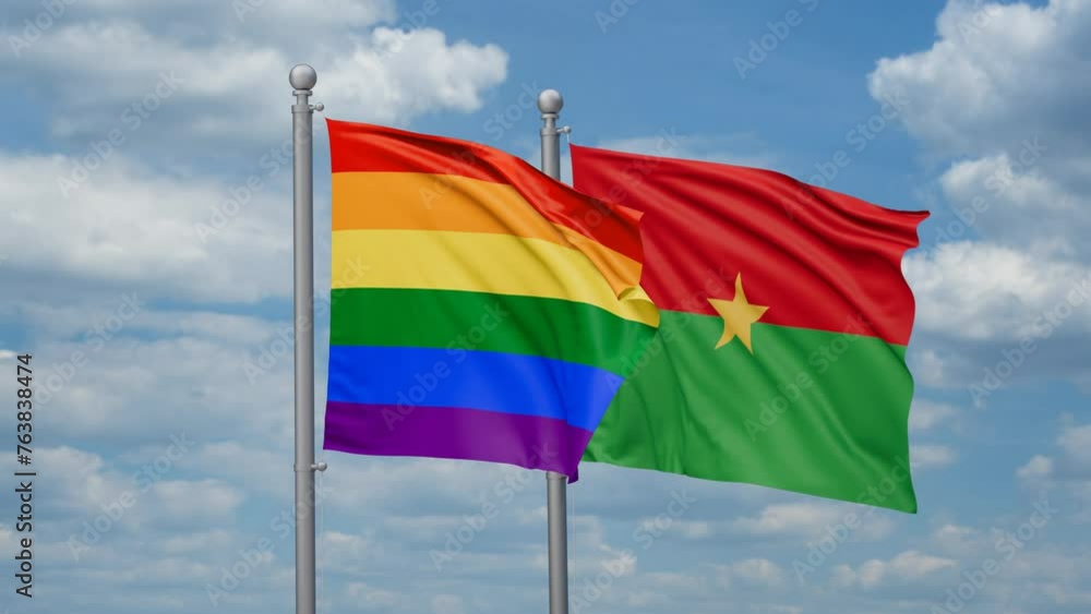 Burkina Faso and LGBT movement flag also Gay Pride two flags waving together, looped video, two country relations concept Burkina Faso and LGBT movement flag also Gay Pride two flags waving together, looped video, two country relations concept