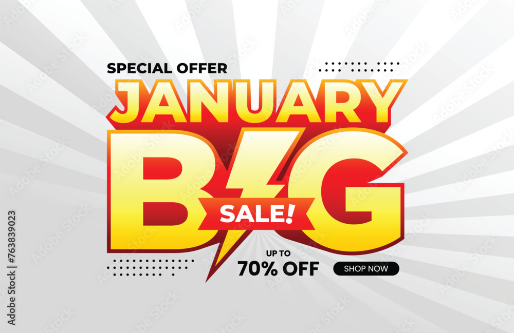 Obraz premium January Big Sale text with extrude effect and lightning icon. For banner, poster, header, logo, template, social media, website. Vector Illustration