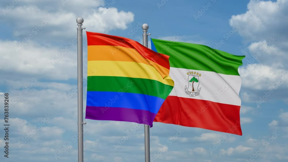 Equatorial Guinea and LGBT movement flag also Gay Pride two flags waving together, looped video, two country relations concept Equatorial Guinea and LGBT movement flag also Gay Pride two flags waving together, looped video, two country relations concept