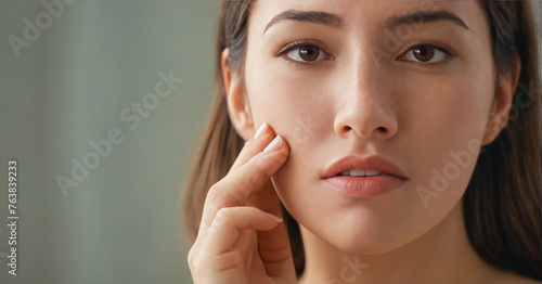 Young woman restlessly examining her face in the mirror