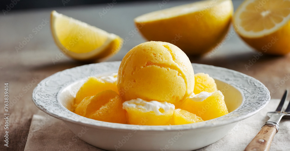 Bowl of refreshing lemon sorbet, perfect for cooling off on a hot summer day with fruity and zesty flavor. Bowl of refreshing lemon sorbet, perfect for cooling off on a hot summer day with fruity and zesty flavor.
