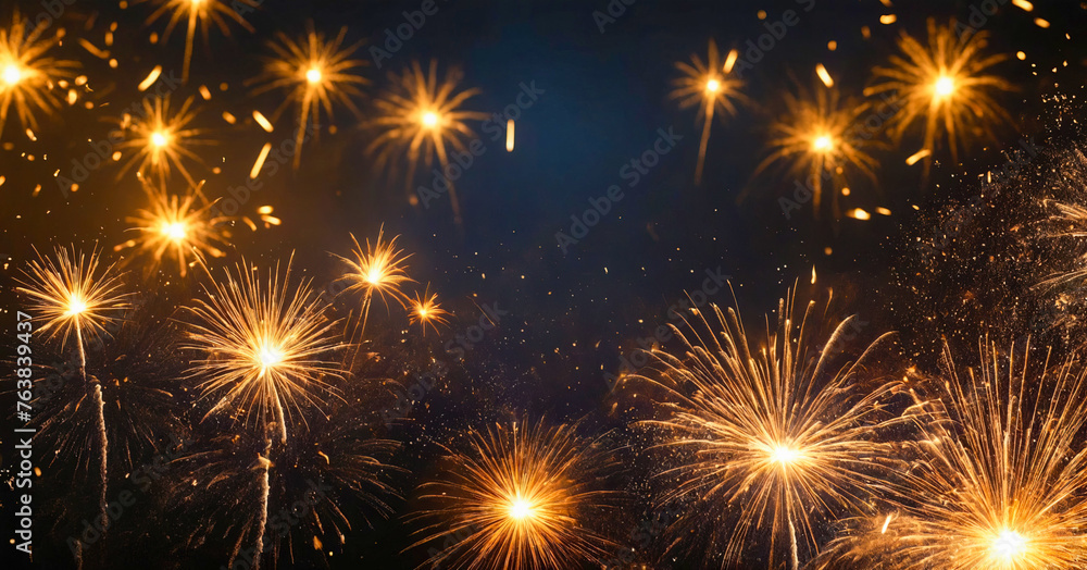 Naklejka premium Golden spark of light against black background, reminiscent of firework, perfect for celebratory posters or event templates.