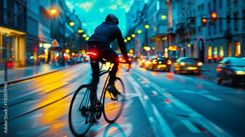 A cyclist speeding down an urban street at dusk, with vibrant city lights in the background. © Photock Agency
