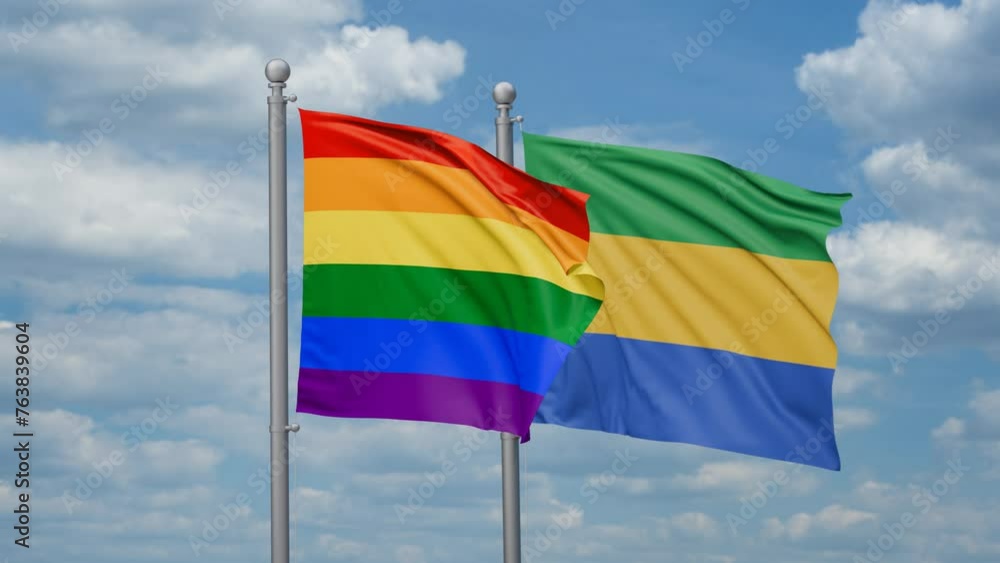 Gabon and LGBT movement flag also Gay Pride two flags waving together, looped video, two country relations concept Gabon and LGBT movement flag also Gay Pride two flags waving together, looped video, two country relations concept