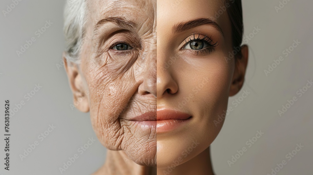 Side-by-side comparison between a old and young caucassian woman's skin made with Ai generative technology, People are fictional Side-by-side comparison between a old and young caucassian woman's skin made with Ai generative technology, People are fictional