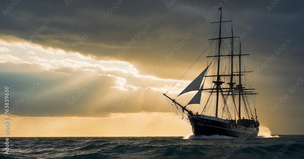 A sailboat drifts in a stormy sea under a dramatic sky, waiting for a storm.
