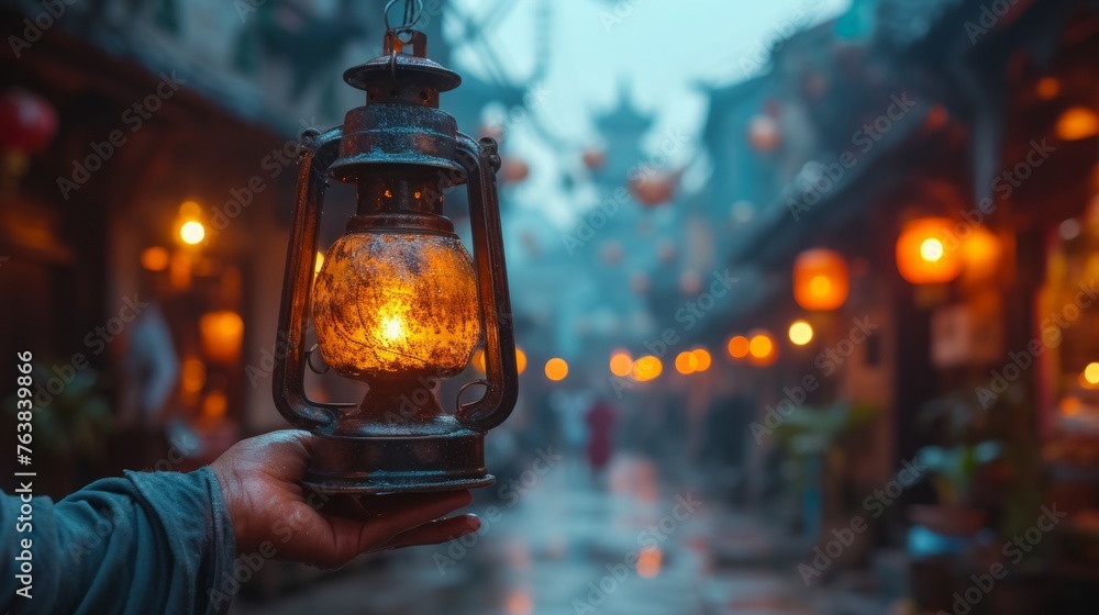 A rustic lantern glows warmly in a person's hand, casting a soft light on a misty, lantern-lit street. The scene captures a blend of tradition and tranquility in an old town setting. - obrazy, fototapety, plakaty 
