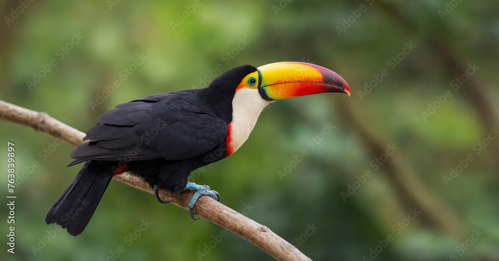 Fototapeta premium Vibrant toucan set perched on branch, showcasing its colorful plumage and distinctive beak.