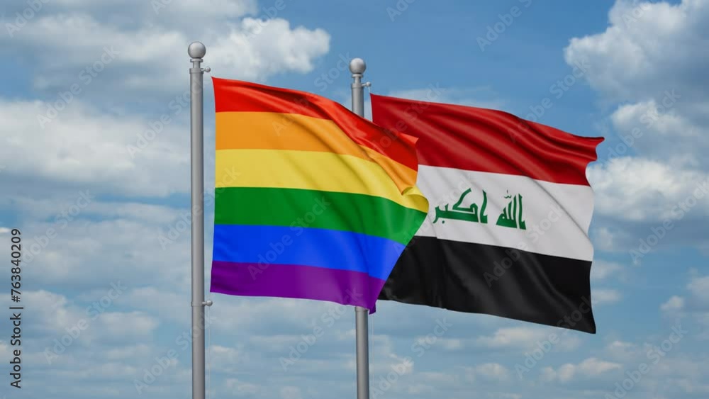 Iraq and LGBT movement flag also Gay Pride two flags waving together on blue sky, looped video Iraq and LGBT movement flag also Gay Pride two flags waving together on blue sky, looped video