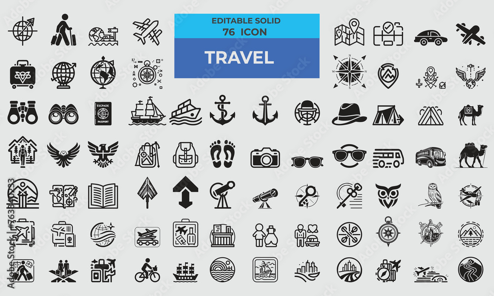 Obraz premium 76 Solid Icons for Travel set in fill style. Excellent icons collection. Vector illustration. 