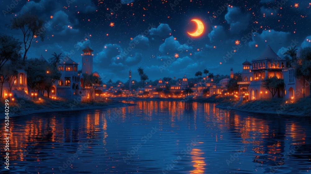 A fantasy riverside town basks in the glow of lanterns and a crescent moon amidst a starry night sky. The calm waters mirror the warm lights and celestial bodies, enhancing the scene's magical