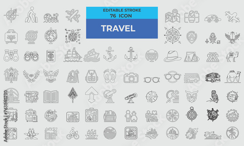 76 Stroke Icons for Travel set in line style. Excellent icons collection. Vector illustration.