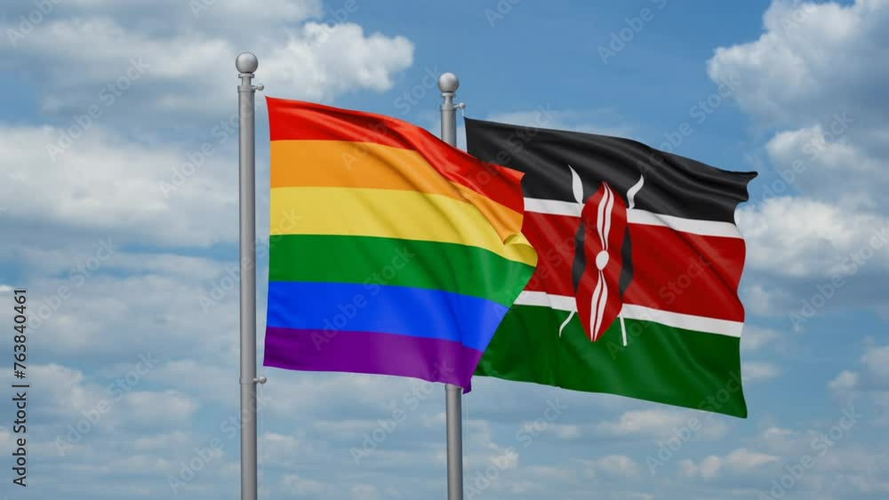 Kenya and LGBT movement flag also Gay Pride two flags waving together, looped video, two country relations concept Kenya and LGBT movement flag also Gay Pride two flags waving together, looped video, two country relations concept