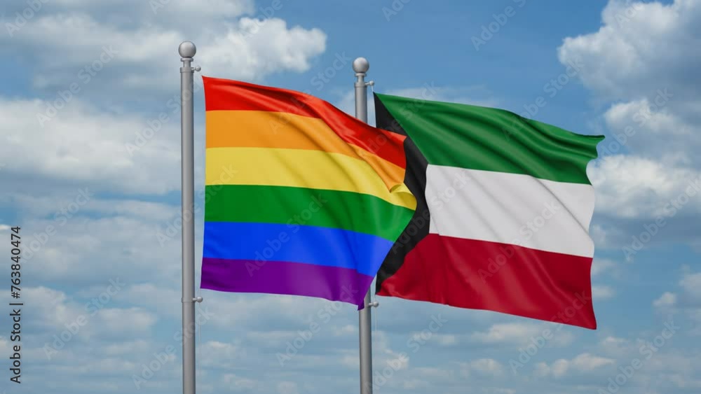 Kuwait and LGBT movement flag also Gay Pride two flags waving together, looped video, two country cooperation concept Kuwait and LGBT movement flag also Gay Pride two flags waving together, looped video, two country cooperation concept