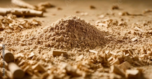 Mound of sawdust, light and airy, piled high against a rustic backdrop.