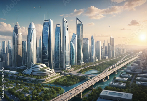 Illustration of futuristic city with modern skyscrapers colorful background